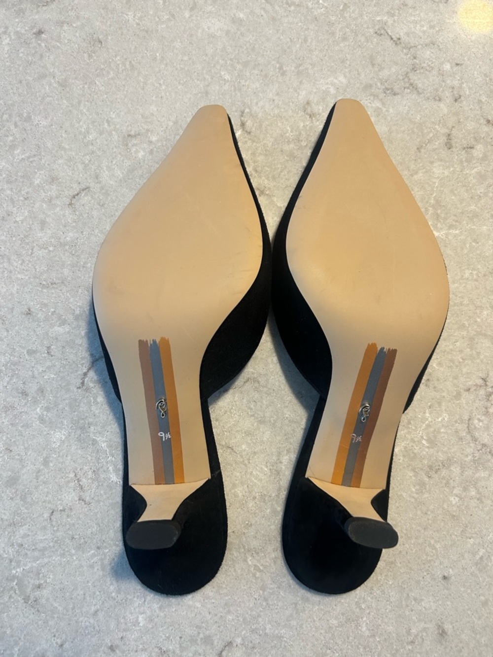 Sam Edelman Black Pointed Mule Heels with Gold Buckle Accent - Picture 3 of 4